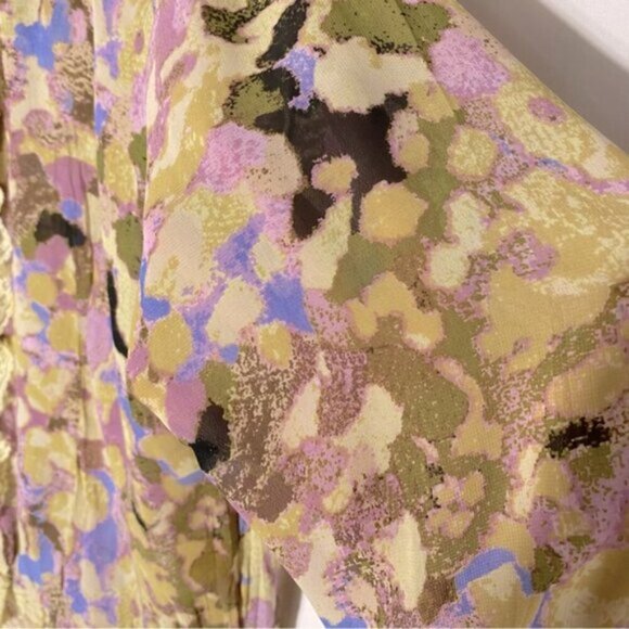 Lloyd Williams Yellow Purple Semi Sheer Abstract Print Button Up Mock Neck Top M - Picture 7 of 14